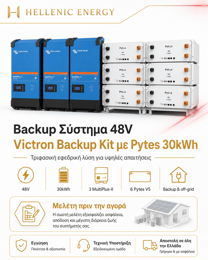 Victron Backup Kit 48V με 3 MultiPlus-II και 6 Μπαταρίες Pytes V5 LiFePO4 30kWh